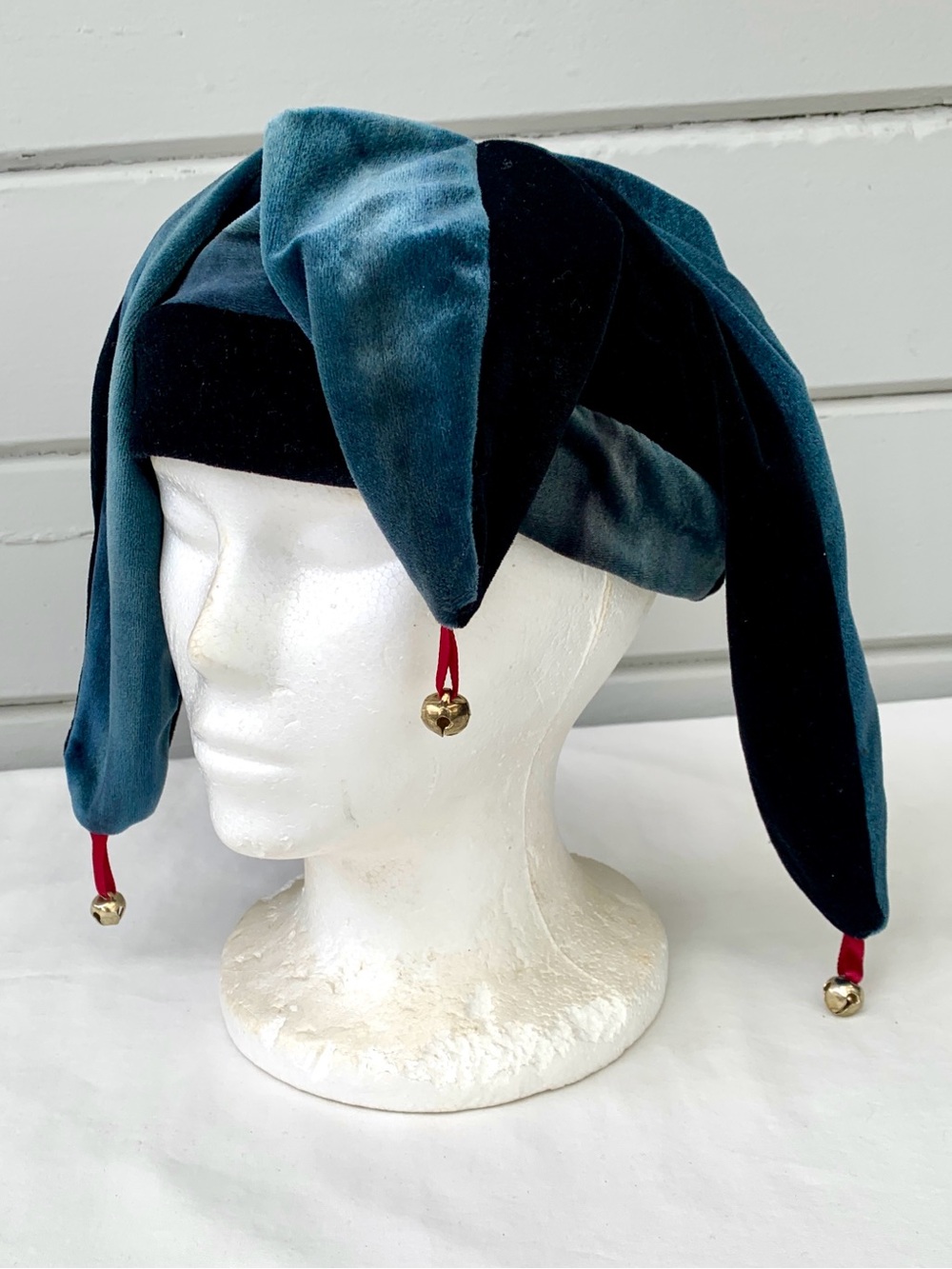 Velvet Jester Hat with Bells Teal Black Handmade Halloween Costume